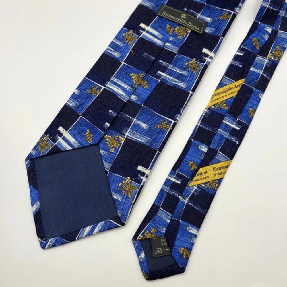 Ermenegildo Zegna Mens Silk Tie Necktie Navy Boho Floral Check Preppy Italy Made